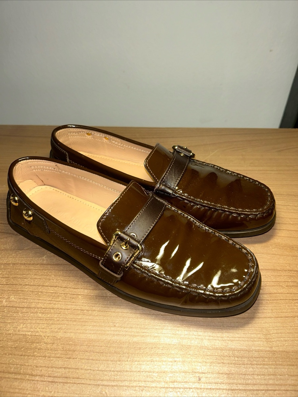 Louis Vuitton Women's Brown Patent Leather Loafers with Gold Hardware